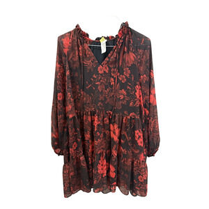 H & M size 10 black and red floral babydoll dress sheer sleeves whimsigoth